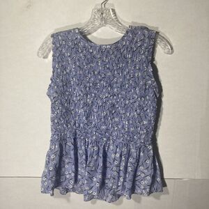 Ann Taylor blue white floral crew neck smocked zip sleeveless peplum top S